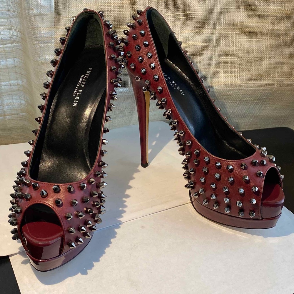 PHILIPP PLEIN BURGUNDY LEATHER OPEN-TOE PLATFORM PUMPS HEELS SPIKES 37.5 STILETT